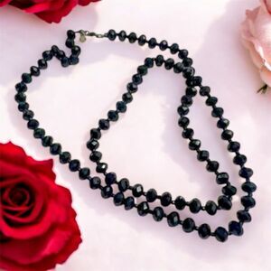 Signed Dell'Olio Black Glass Faceted Beads Necklace – 36 Inches